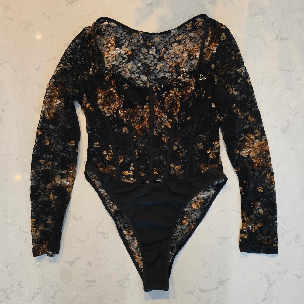 Vintage Y2K Whimsigoth Black Lace Corset Bodysuit Long Sleeve Womens Small